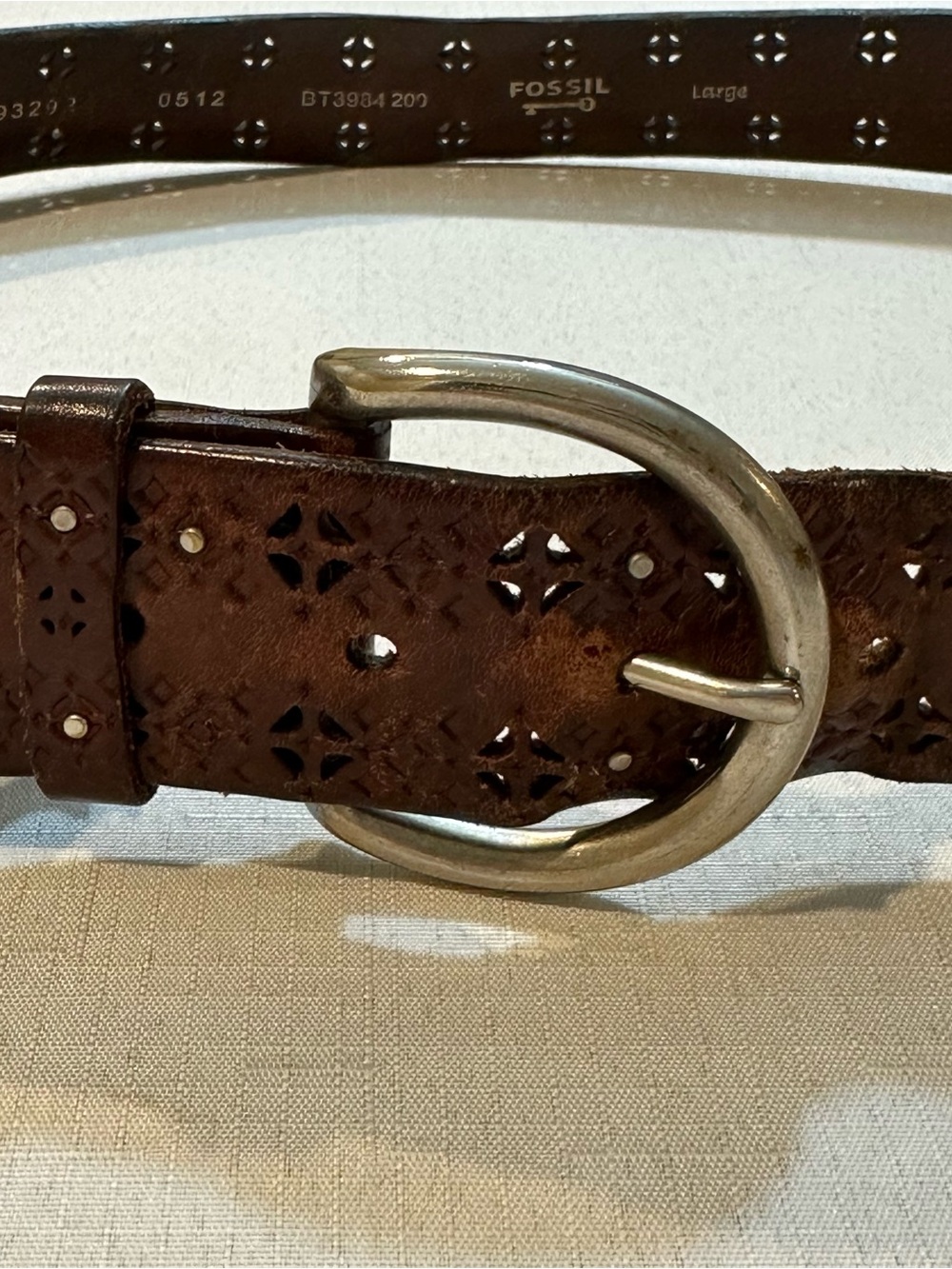 Fossil Brown Leather Cutout Studded Belt Large